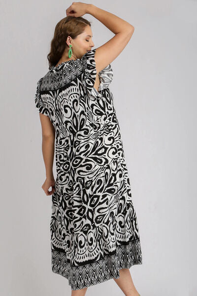 Umgee Full Size Two Tone Border Print Ruffle Cap Sleeve Midi Dress Plus Size Dresses