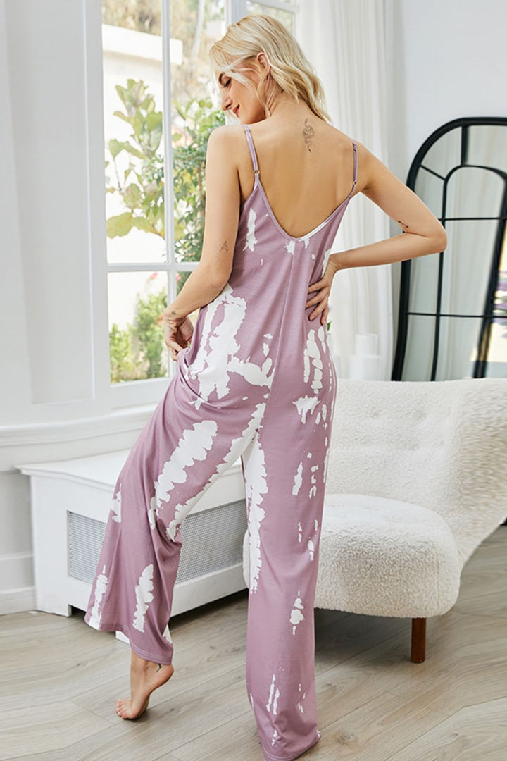 Shiny Tie-Dye Spaghetti Strap Jumpsuit with Pockets 
