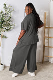 Double Take Full Size Round Neck Slit Top and Pants Set 
