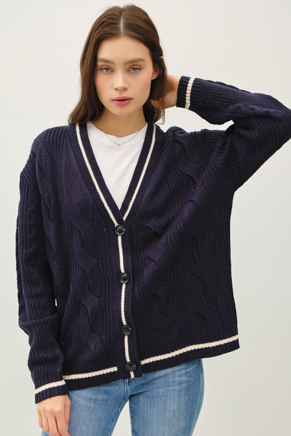Be Cool Contrast Trim Cable-Knit V-Neck Cardigan 