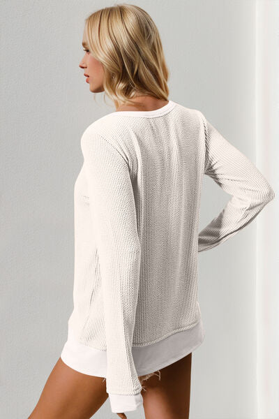 Double Take Corded Rib Thumbhole Cuff Round Neck T-Shirt 