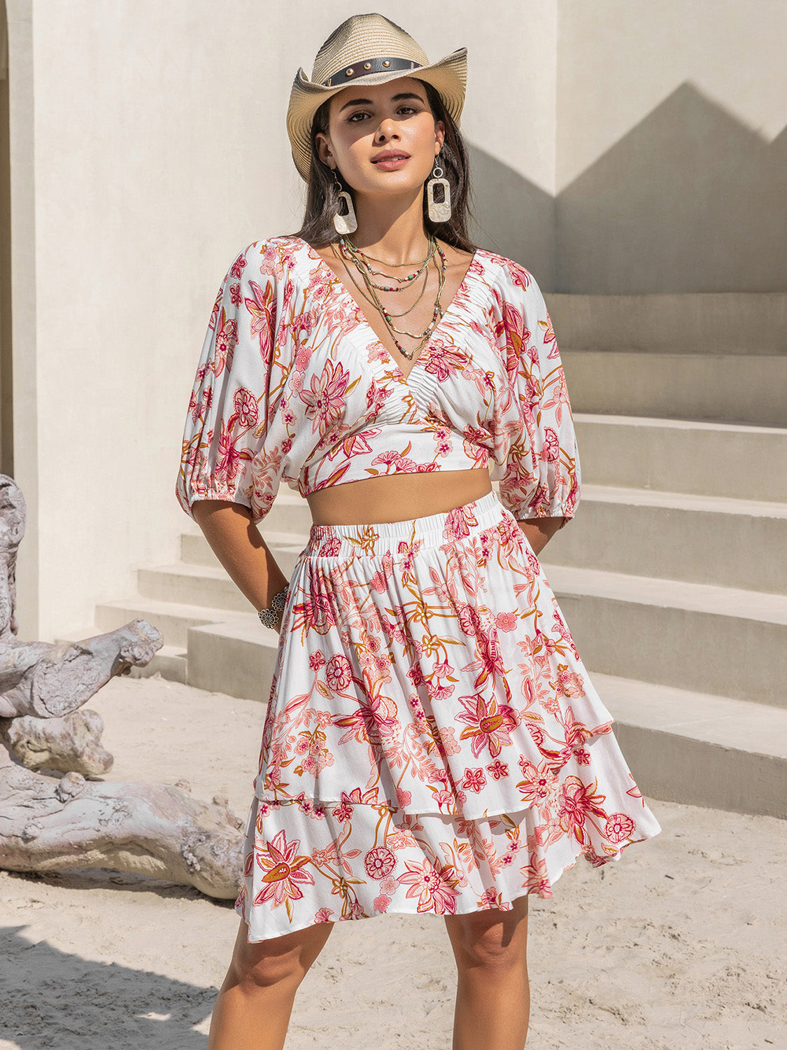 Printed Half Sleeve Top and Layered Skirt Set 