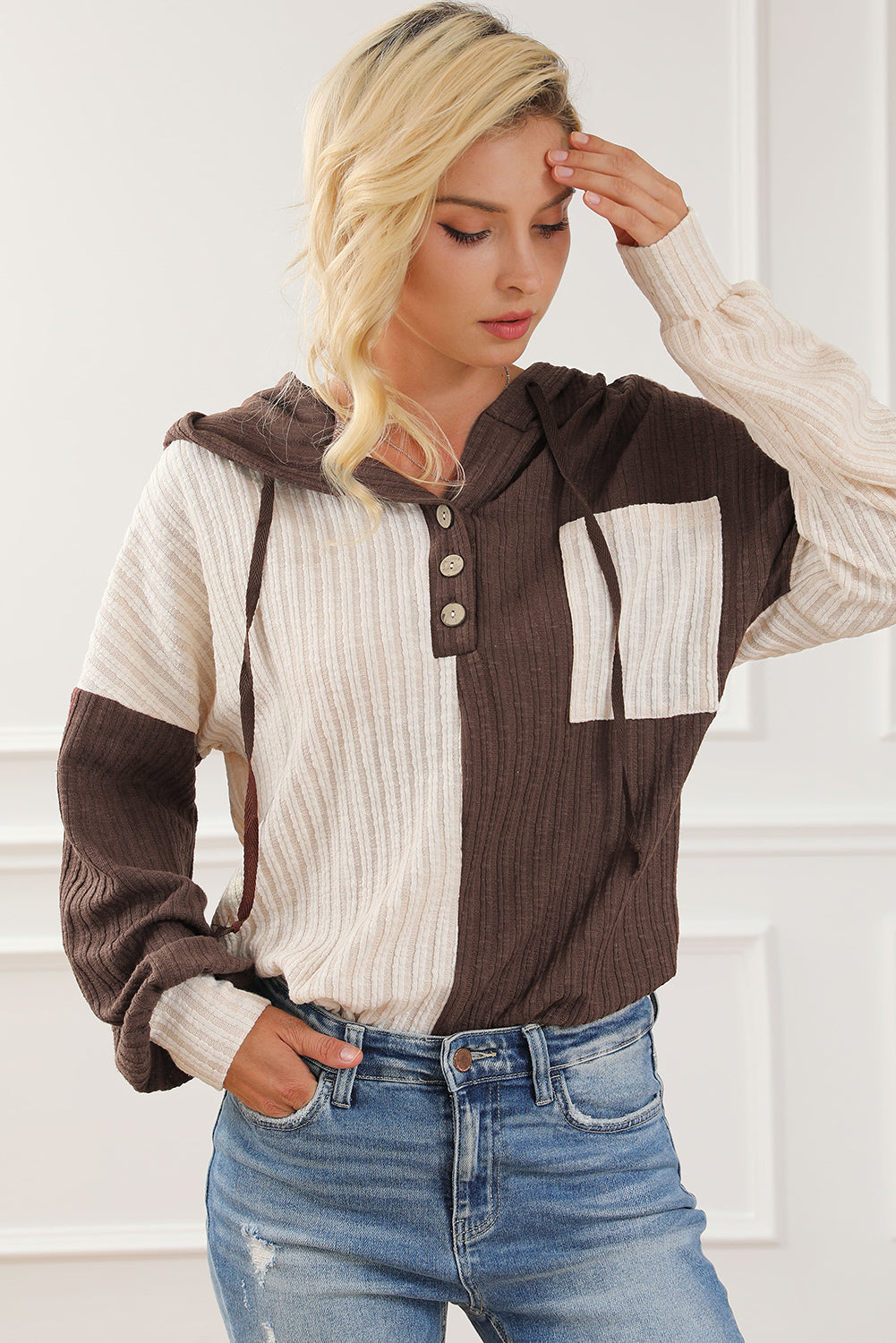 Color Block Quarter Button Long Sleeve Hoodie 