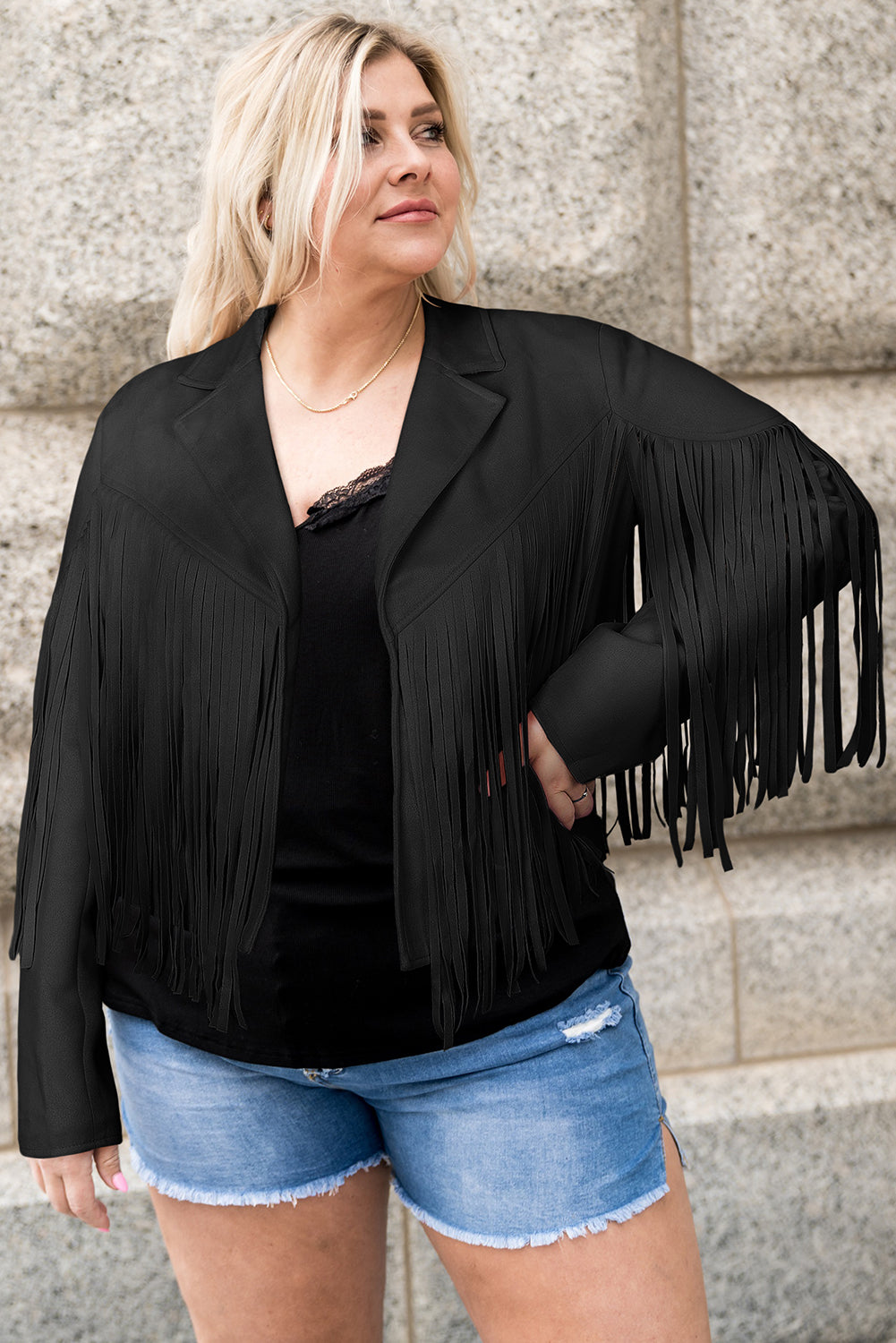 Plus Size Fringe Open Front Jacket 