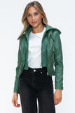 Snobbish Faux Leather Zip Up Drawstring Hooded Jacket 