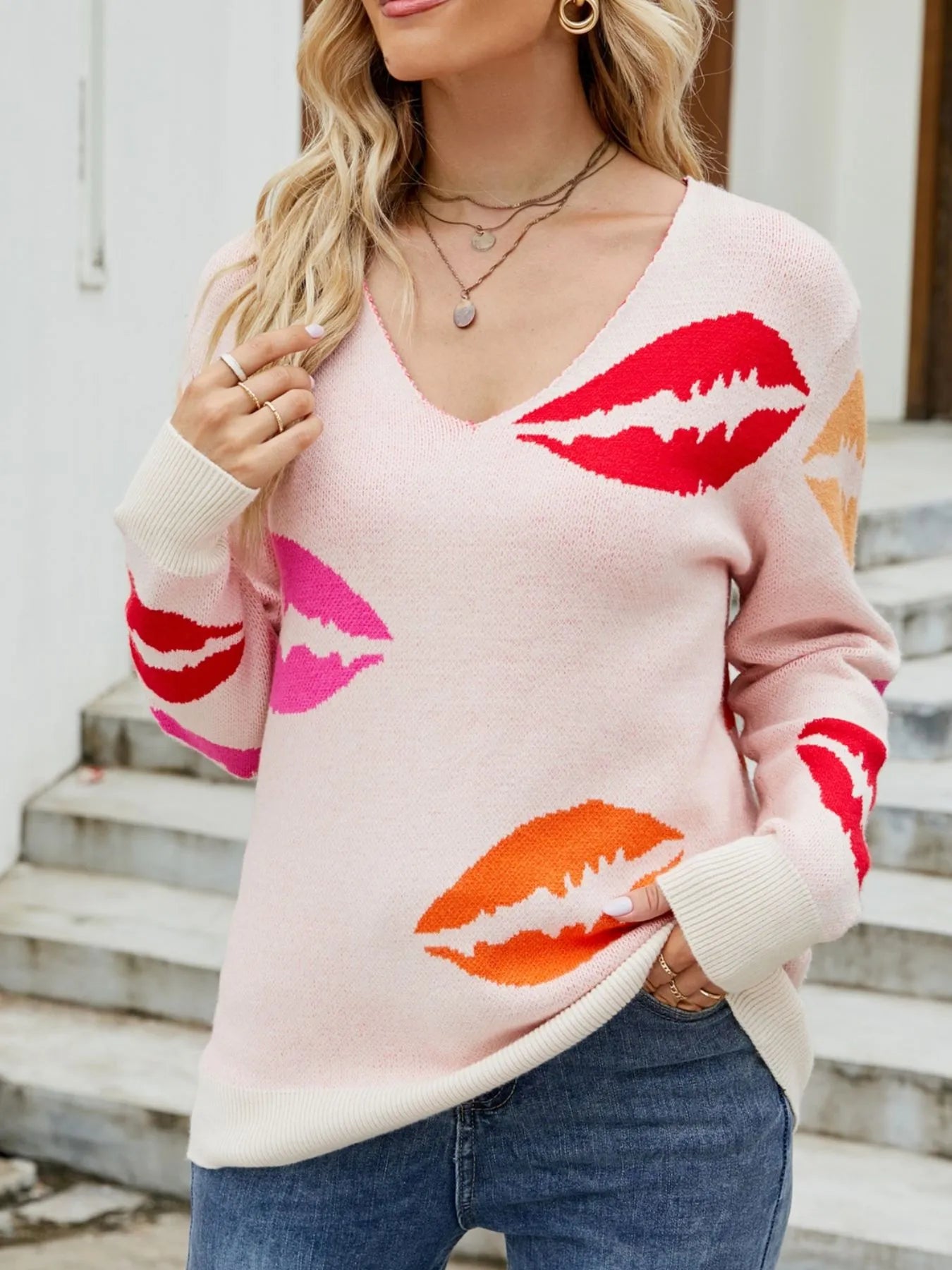 Colorful Lips V-Neck Sweater 