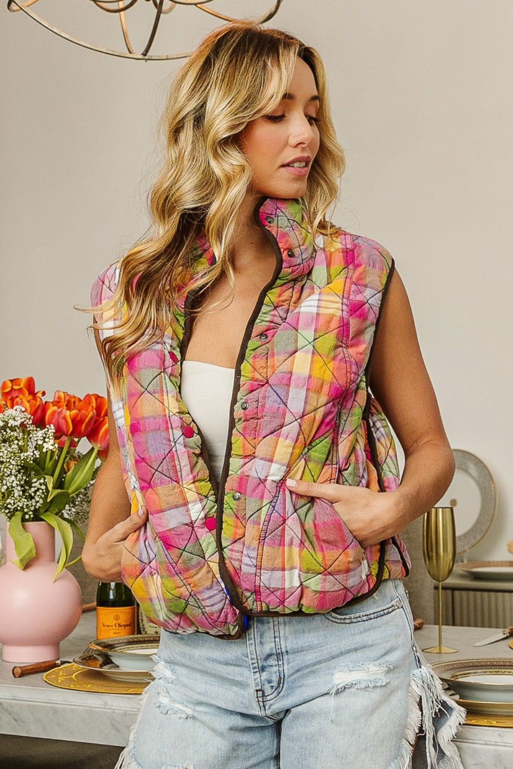 BiBi Quilted Washed Plaid Snap Down Vest 