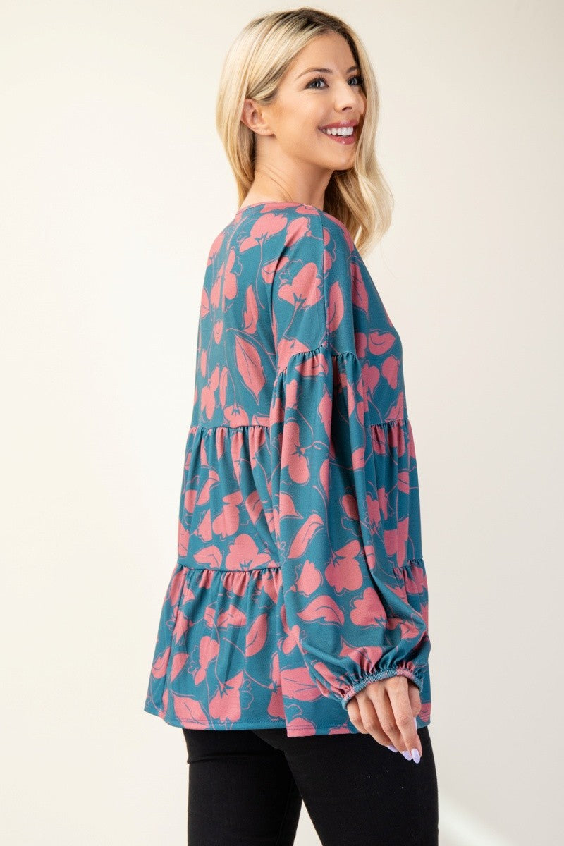 Celeste Full Size Tiered Floral V-Neck Long Sleeve Blouse 