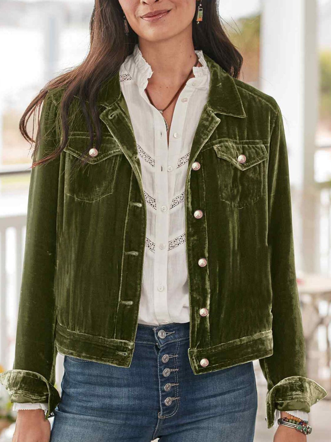 Button Up Long Sleeve Jacket with Chest Pockets 