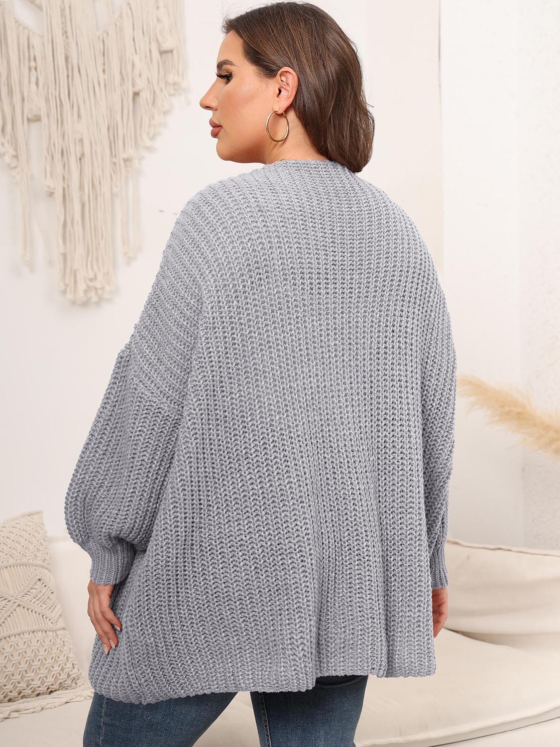 Plus Size Open Front Dropped Shoulder Knit Cardigan 