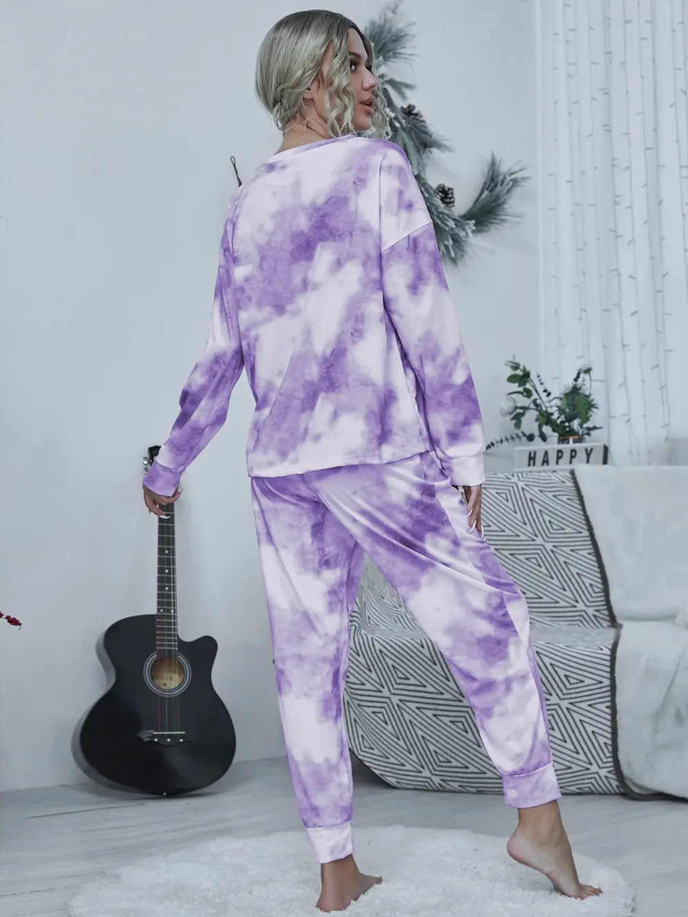 Shiny Tie-dye Round Neck Top and Drawstring Pants Lounge Set Lingerie & Nightwear