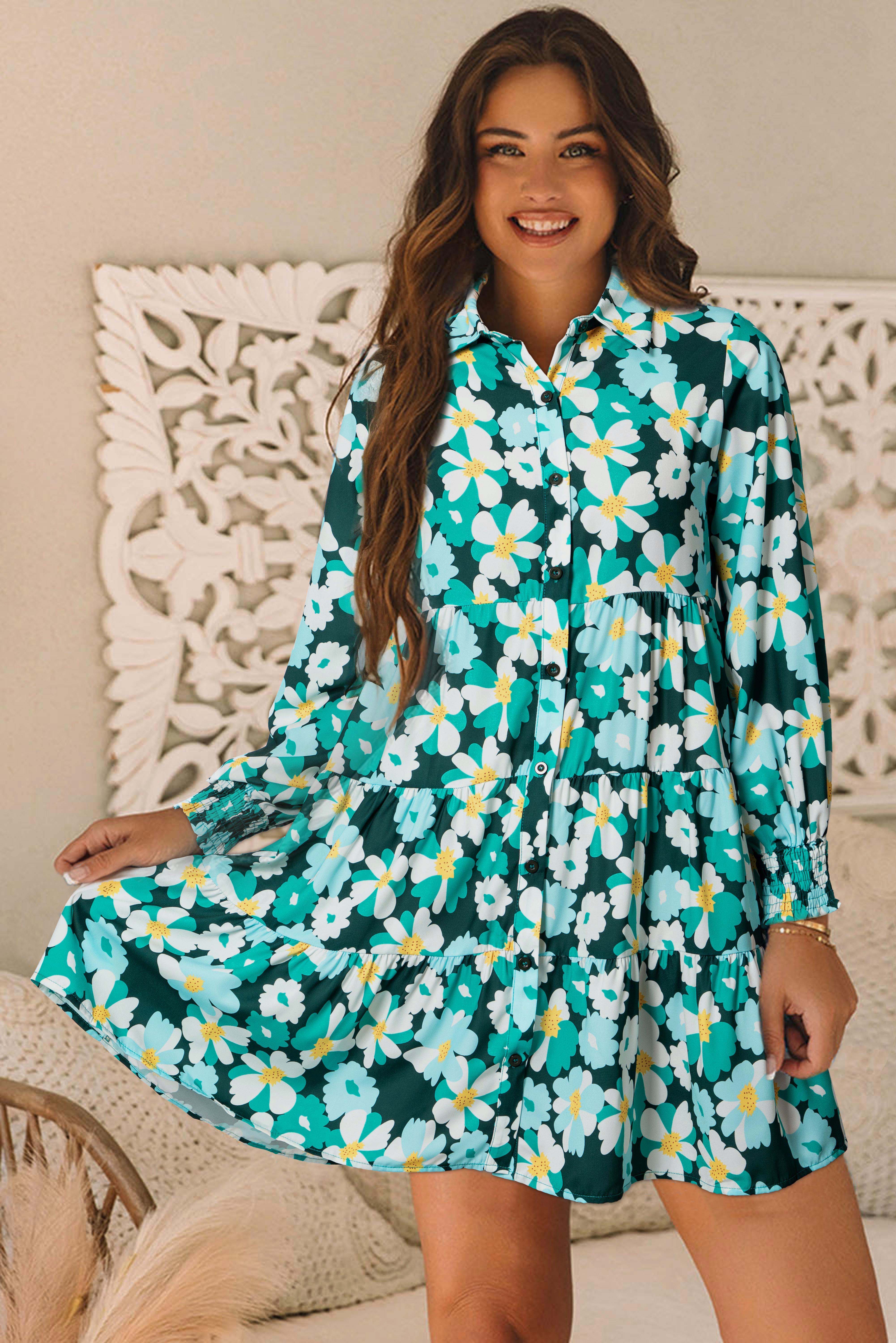 Green Floral Tiered Long Puff Sleeve Shirt Dress Dresses/Floral Dresses