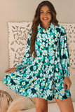 Green Floral Tiered Long Puff Sleeve Shirt Dress Dresses/Floral Dresses