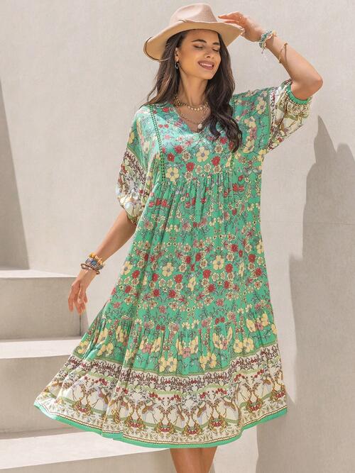 Ruched Printed Puff Sleeve Midi Dress Dresses