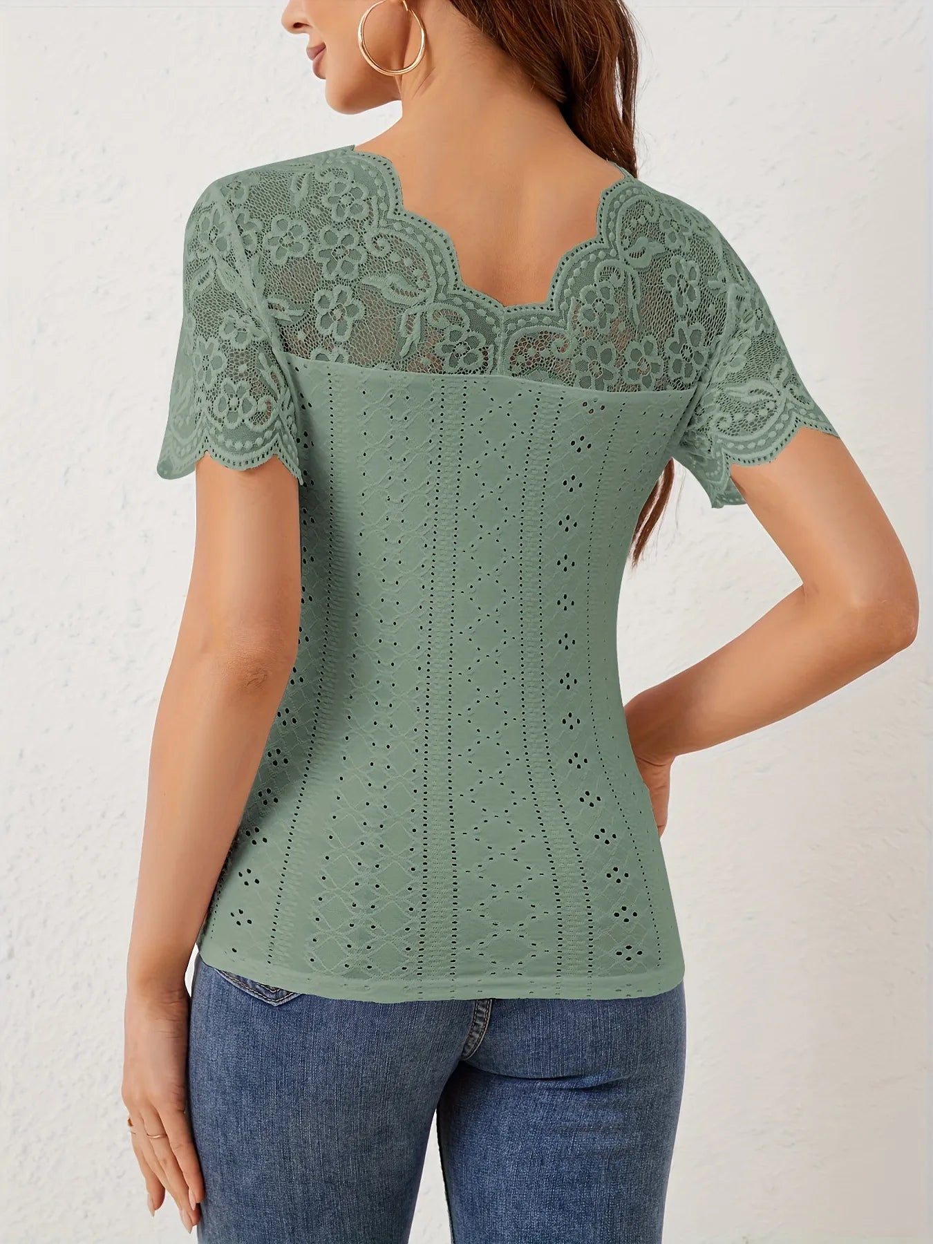 Lace Scalloped V-Neck Eyelet T-Shirt 
