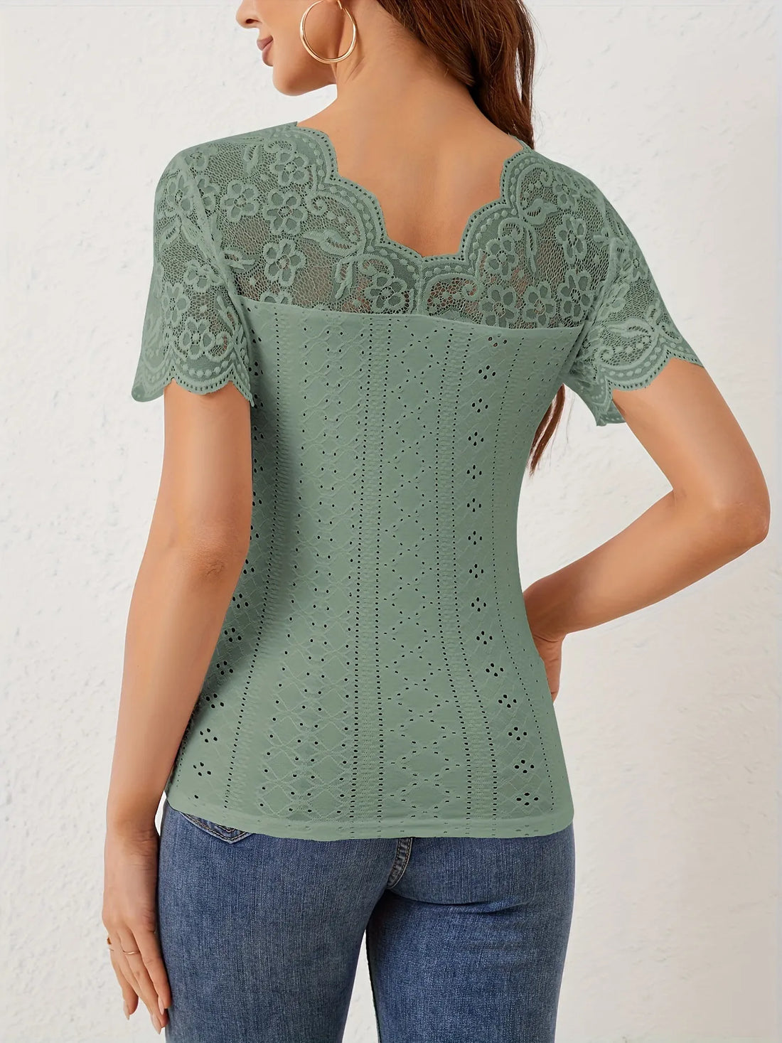 Lace Scalloped V-Neck Eyelet T-Shirt 