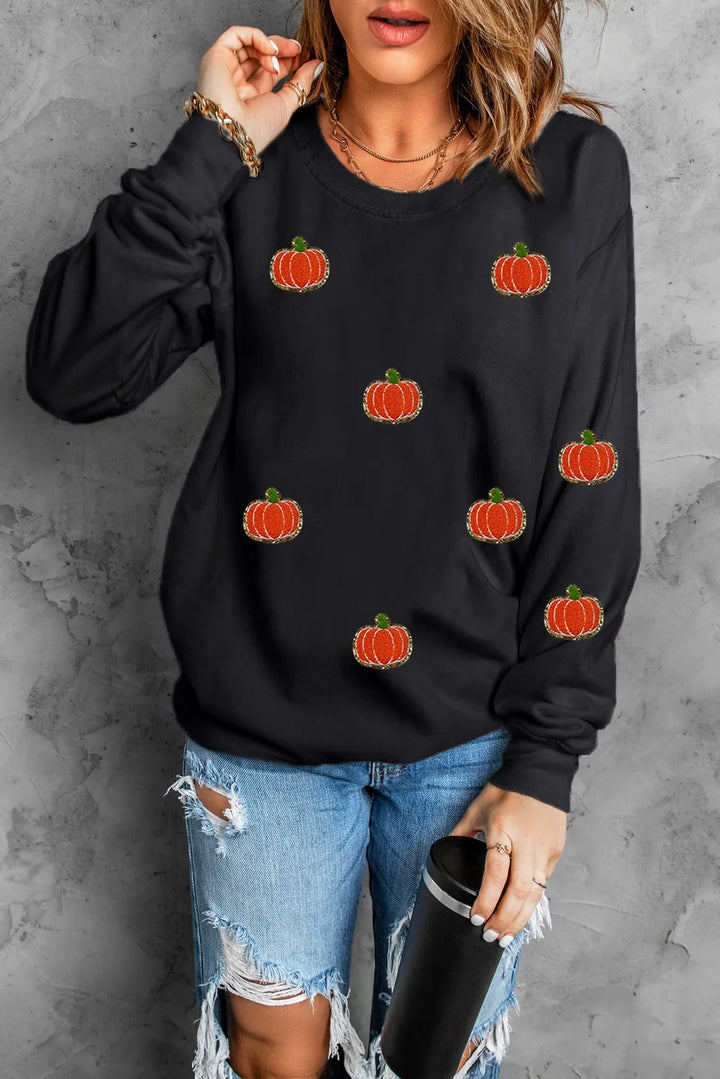 Pumpkin Round Neck Long Sleeve Sweatshirt 