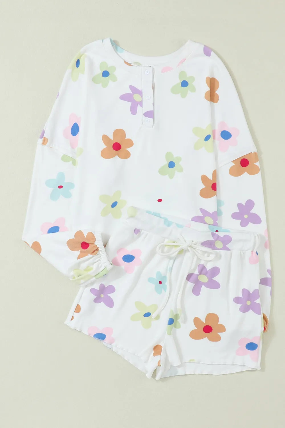 Printed Quarter Button Top and Drawstring Shorts Lounge Set Lingerie & Nightwear