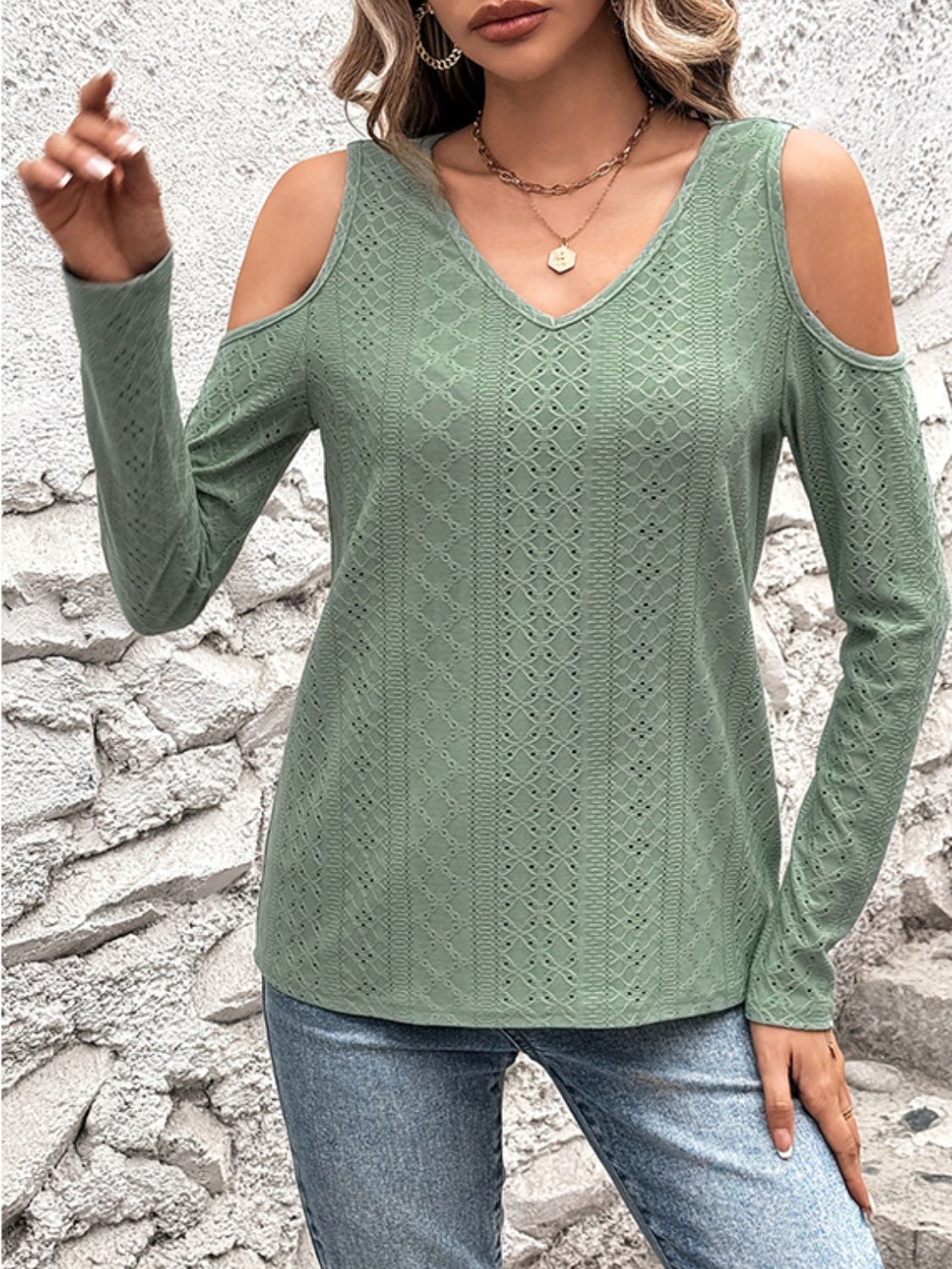 Full Size Eyelet V-Neck Cold Shoulder T-Shirt 