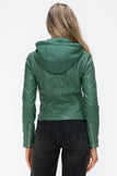Snobbish Faux Leather Zip Up Drawstring Hooded Jacket 