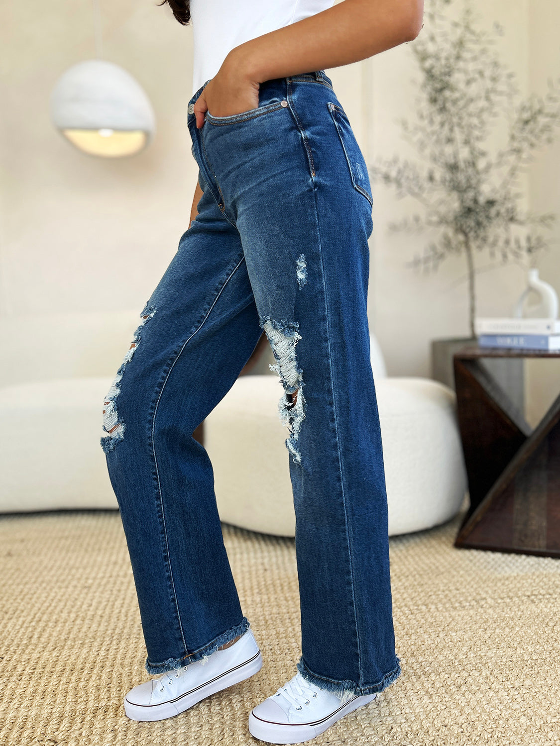 Judy Blue Full Size Mid Rise Distressed Raw Hem Jeans 