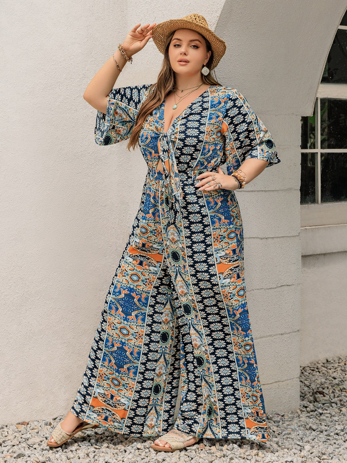 Plus Size Printed Half Sleeve Wide Leg Jumpsuit 