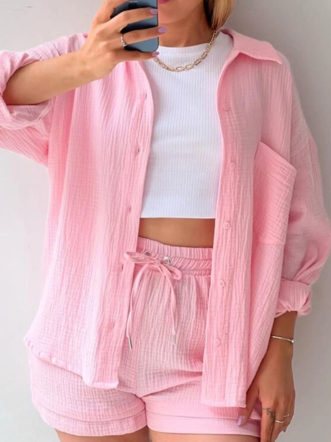 Textured Button Up Shirt and Shorts Set Two Piece Dresses