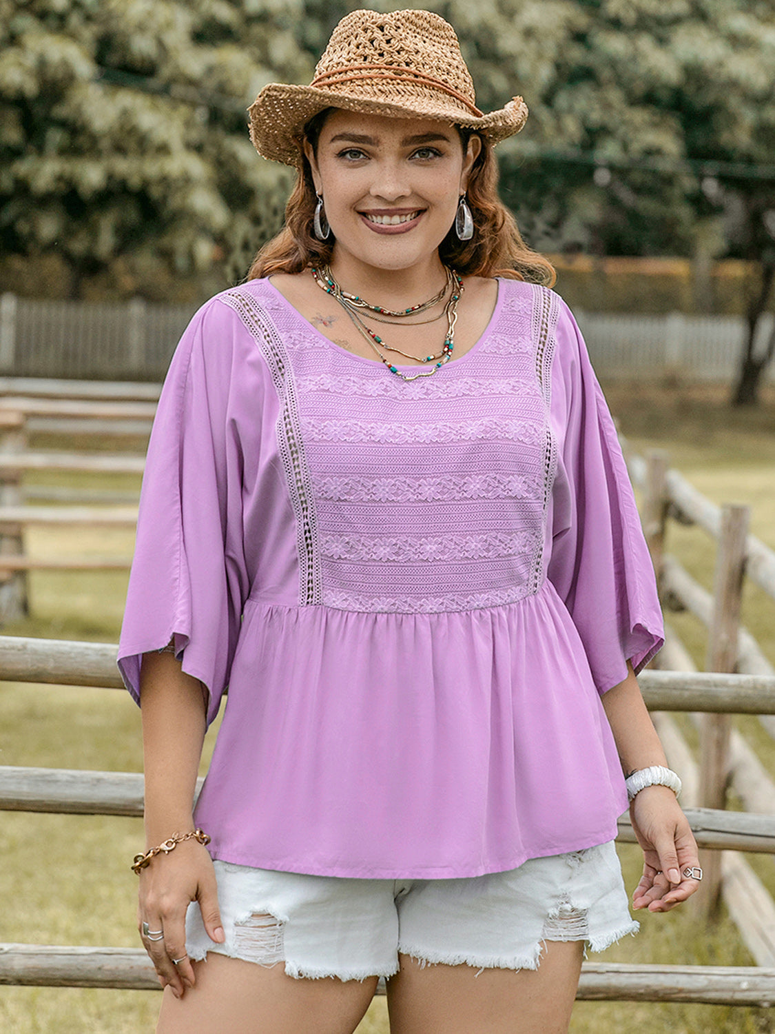 Plus Size Lace Detail Round Neck Three-Quarter Sleeve Blouse 