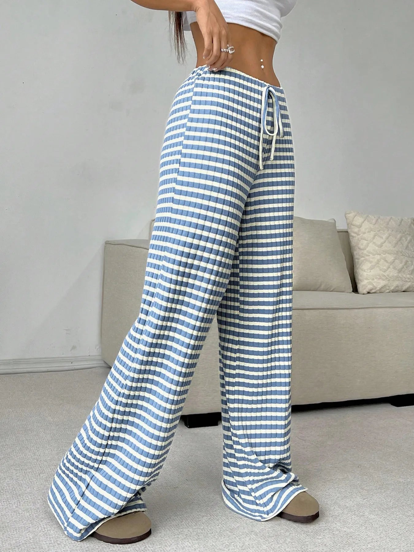 Striped Wide Leg Drawstring Pants 