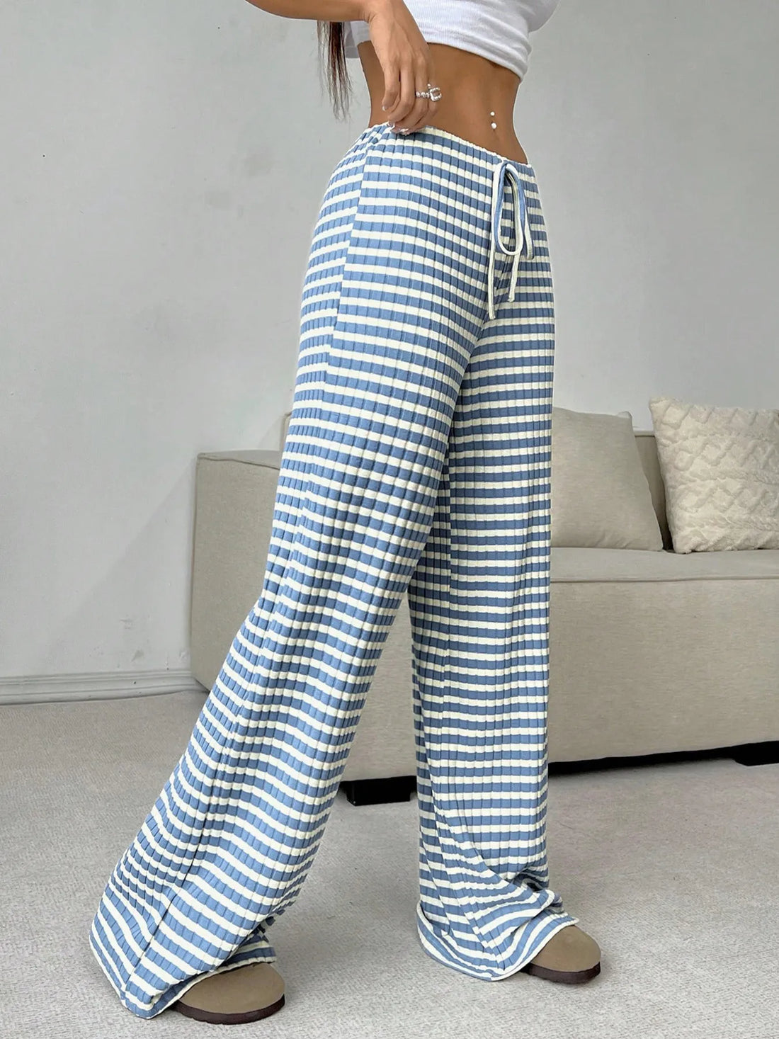 Striped Wide Leg Drawstring Pants 