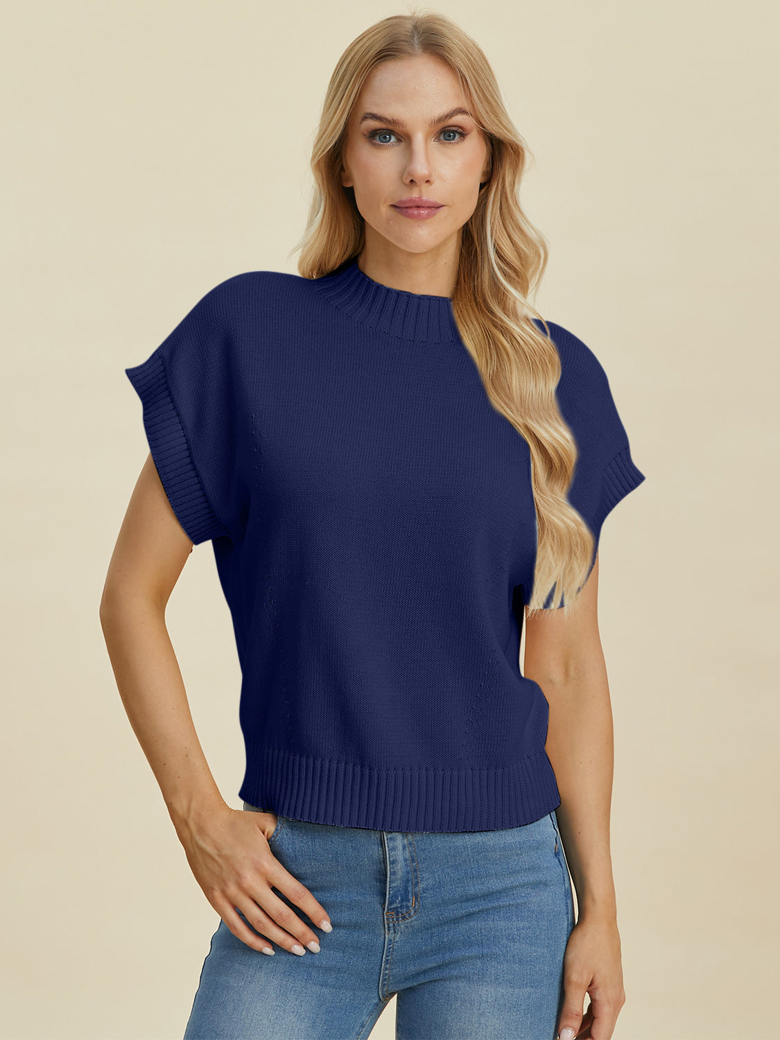 Double Take Full Size Mock Neck Short Sleeve Sweater 