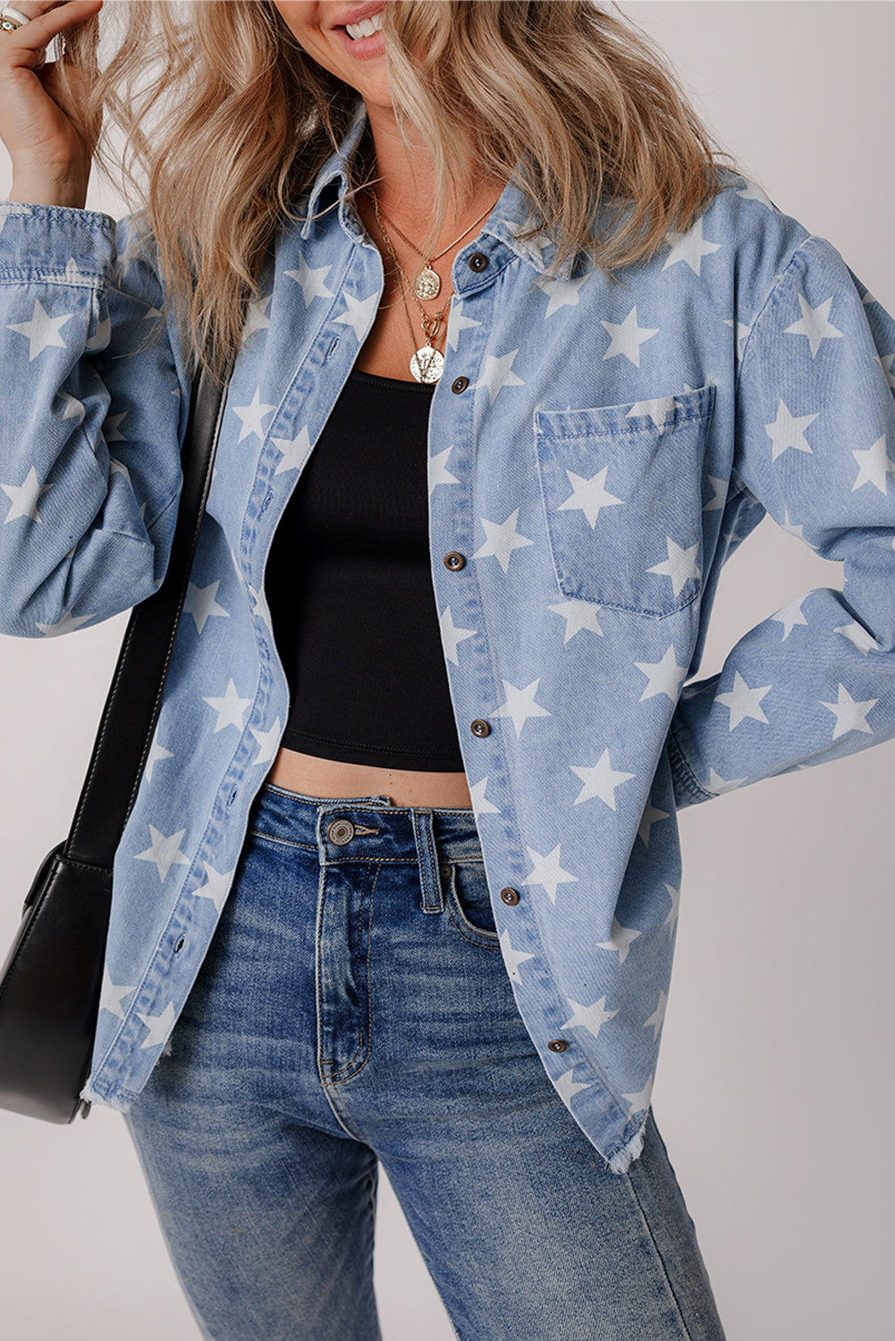 Sky Blue Star Print Light Wash Raw Hem Denim Jacket Outerwear/Denim jackets