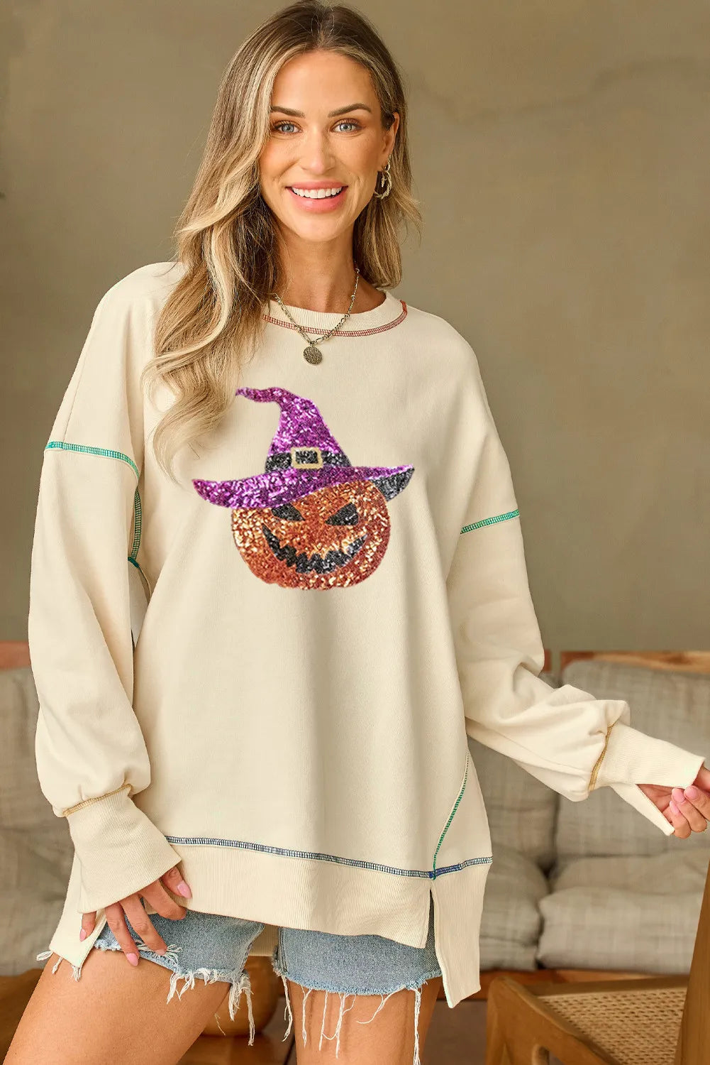 Contrast Stitching Sequin Pumpkin Round Neck Long Sleeve Sweatshirt 