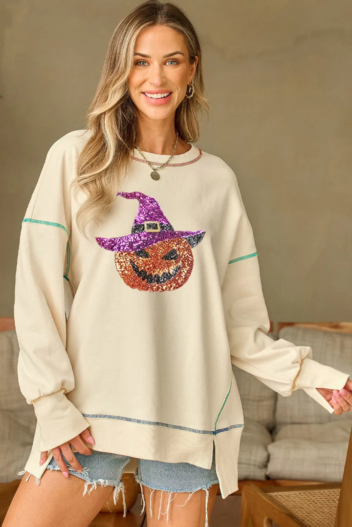 Contrast Stitching Sequin Pumpkin Round Neck Long Sleeve Sweatshirt 