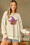 Contrast Stitching Sequin Pumpkin Round Neck Long Sleeve Sweatshirt 