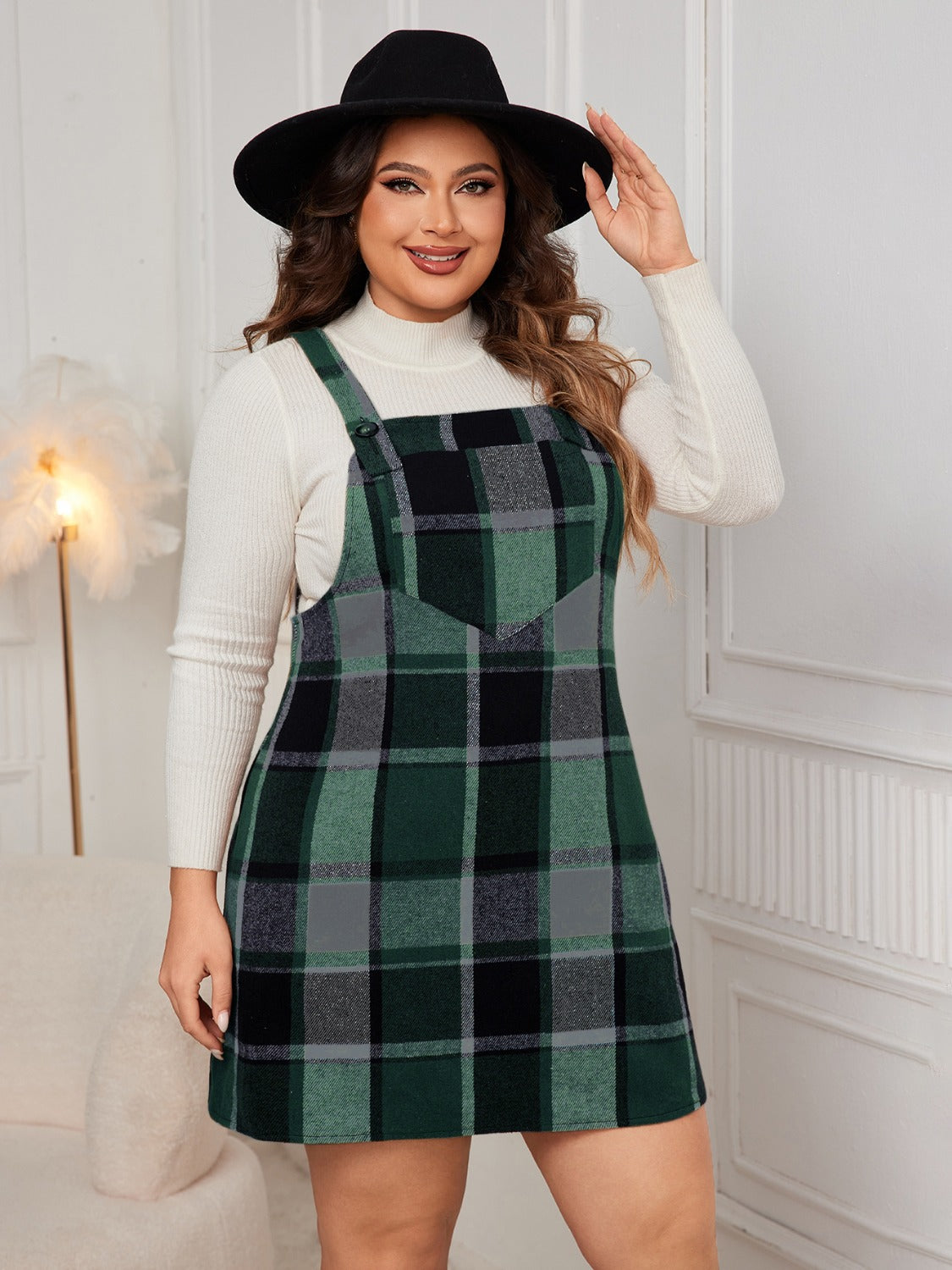 Honey Plus Size Plaid Wide Strap Overall Dress 