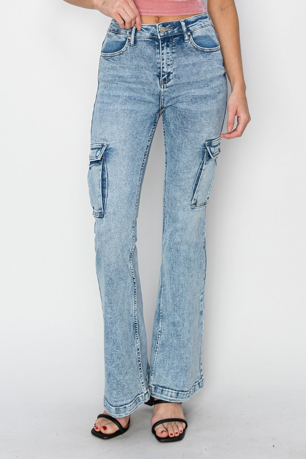 RISEN Full Size High Rise Cargo Flare Jeans 