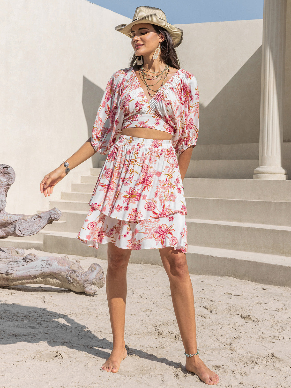 Printed Half Sleeve Top and Layered Skirt Set 