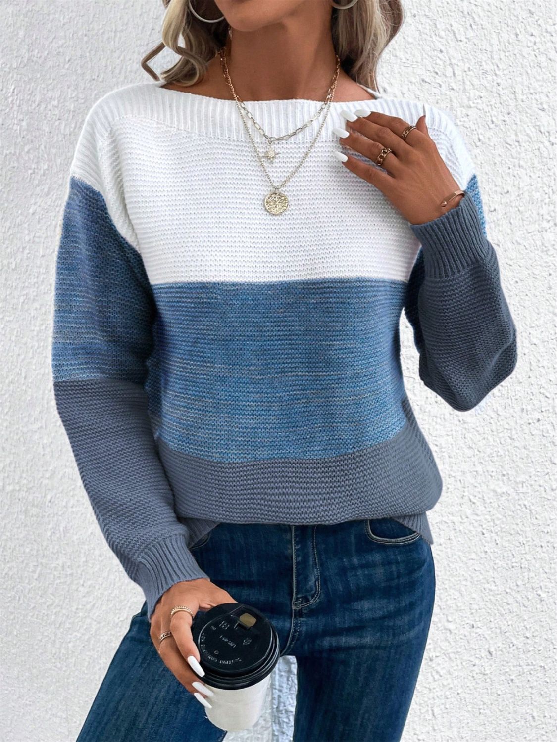 Color Block Drop Shoulder Long Sleeve Sweater 