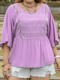 Plus Size Lace Detail Round Neck Three-Quarter Sleeve Blouse 