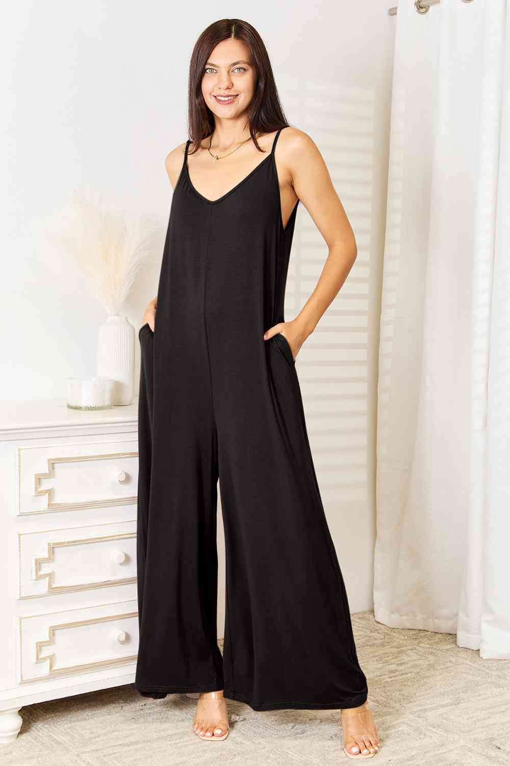 Double Take Full Size Soft Rayon Spaghetti Strap Tied Wide Leg Jumpsuit 