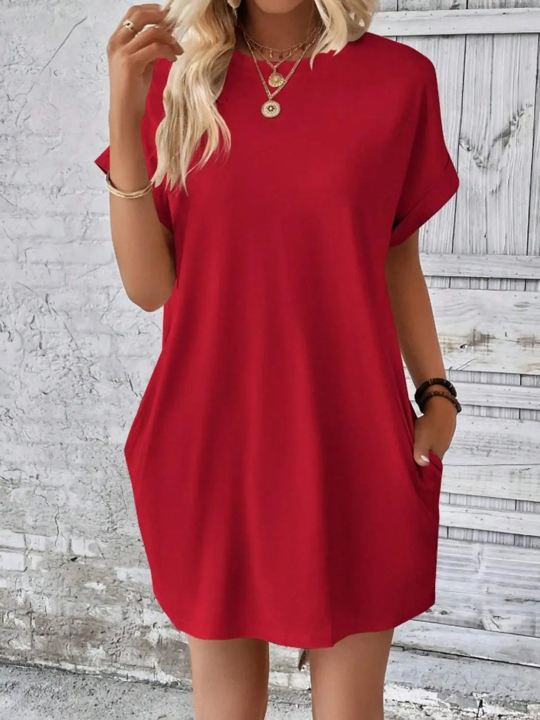 Pocketed Round Neck Short Sleeve Dress 