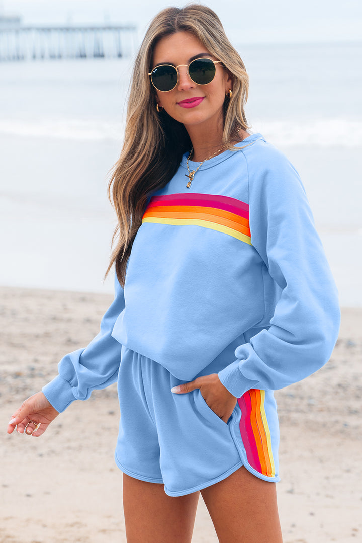 Beau Blue Striped Accent Pullover and Shorts Two Piece Casual Set Two Piece Sets/Short Sets