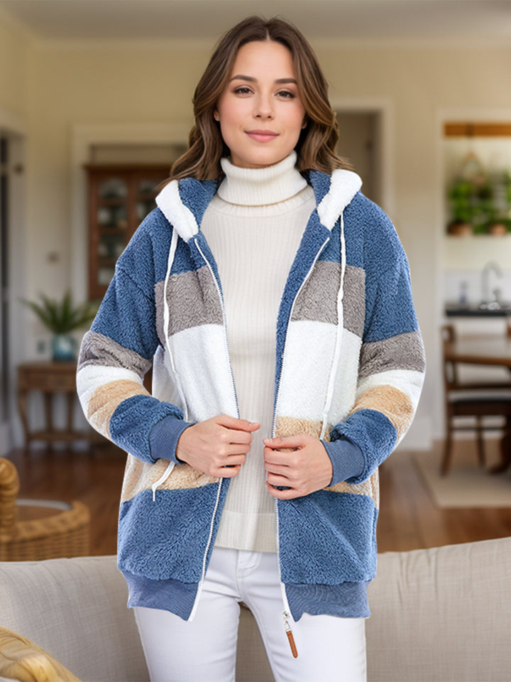 Full Size Drawstring Color Block Zip Up Hooded Outerwear 