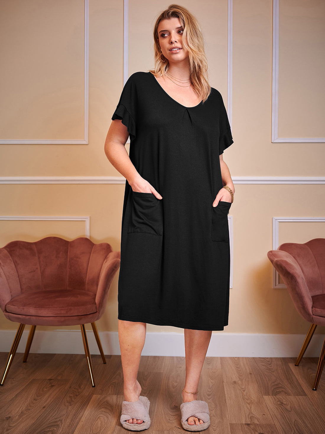 Plus Size Round Neck Short Sleeve Lounge Dress 