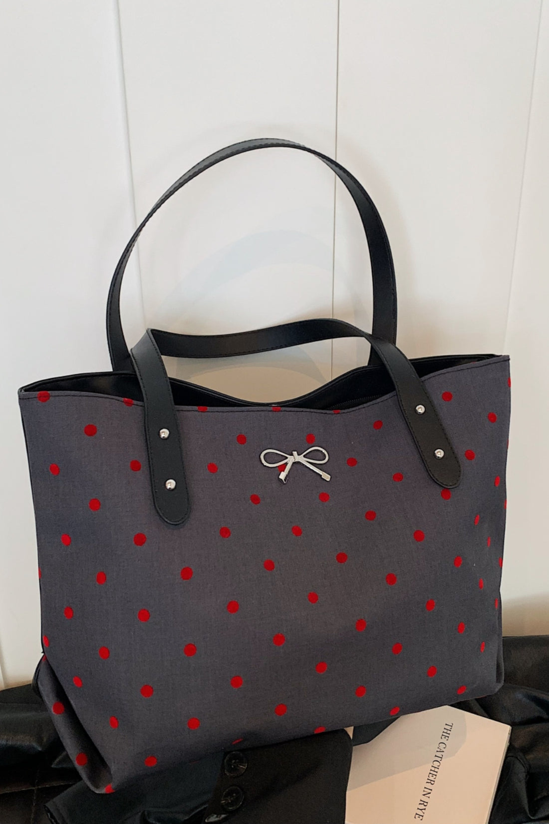 Polyester Bow Polka Dot Tote Bag 
