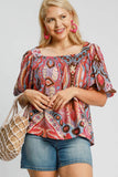 Umgee Full Size Abstract Print Smocked Square Neck Puff Sleeve Blouse 