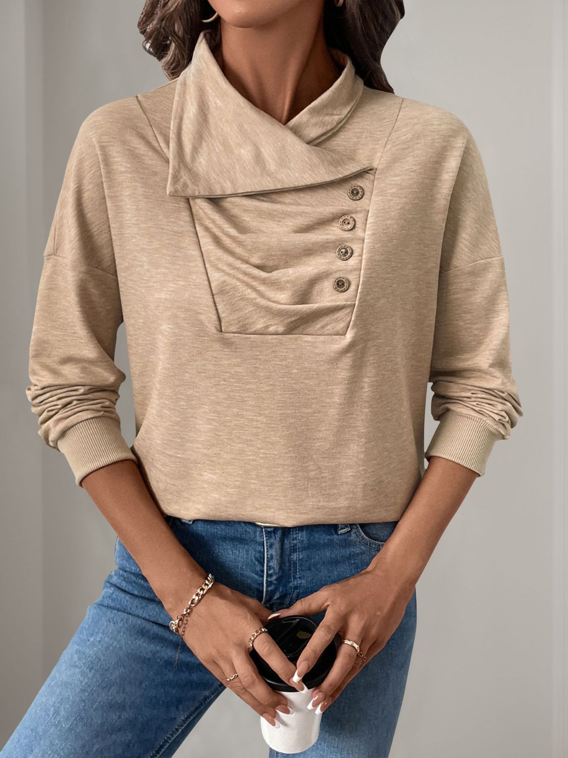Perfee Asymmetric Mock Neck Long Sleeve Sweatshirt 
