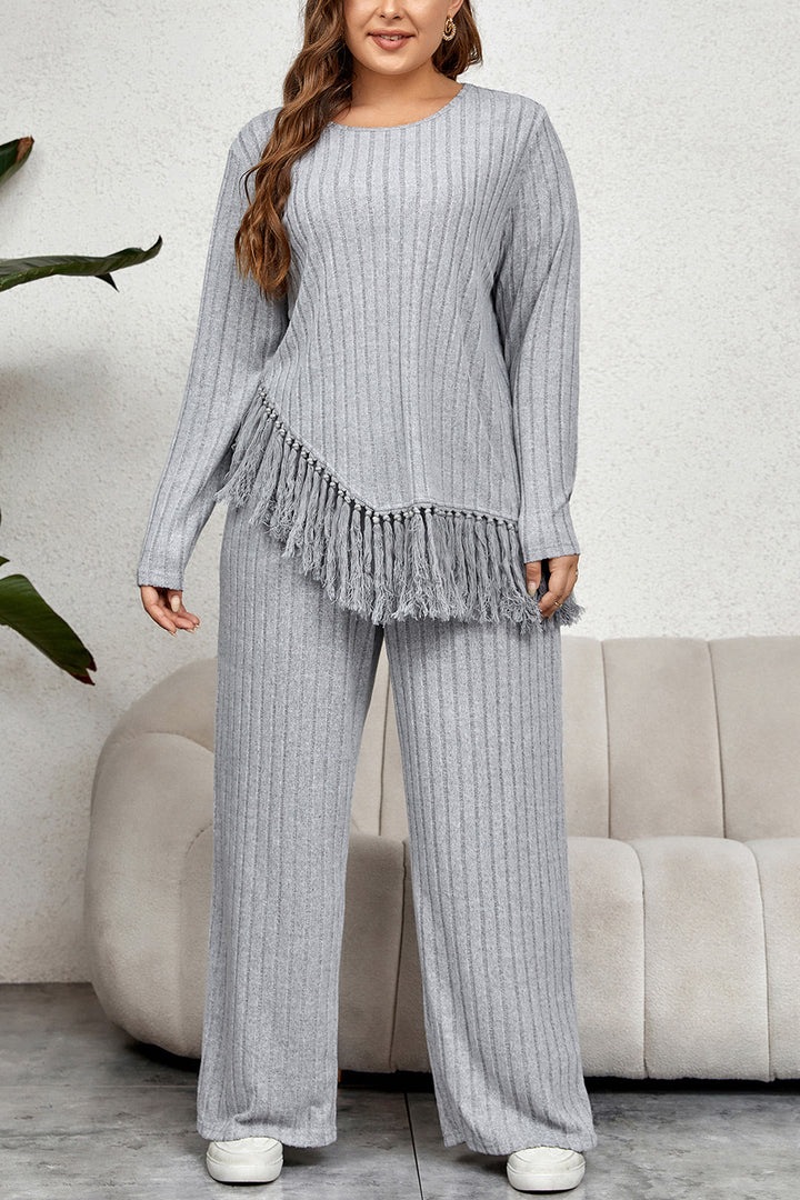Honey Plus Size Tassel Hem Top and Pants Set 