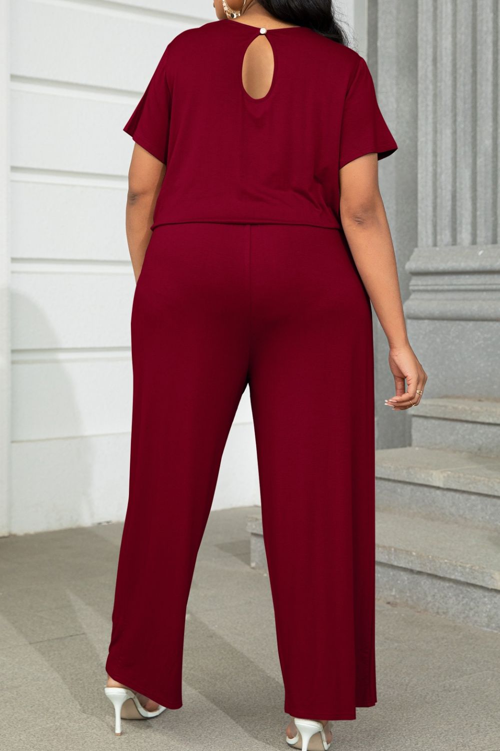 Plus Size Drawstring Waist Short Sleeve Jumpsuit 